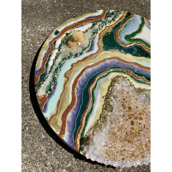 Geode Abstract Resin Art Piece | 24" Round | Yellow Calcite Crystals and Quartz - Picture 7 of 12